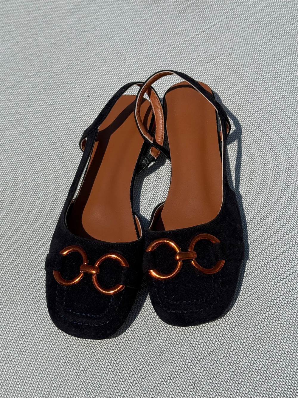 navy Suede Slingback Flats with Copper Ring Accent